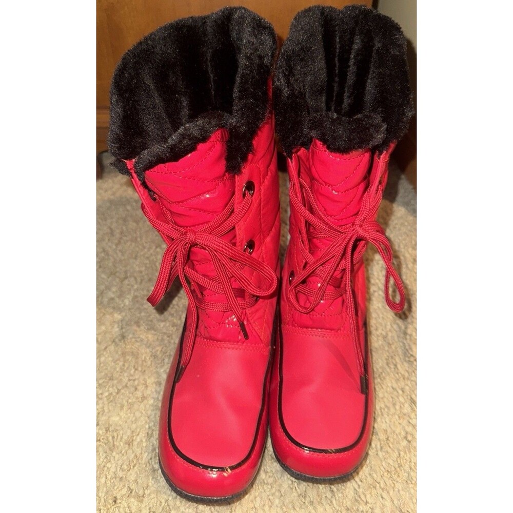Red SPORTO Women's 7M Waterproof Mid-Calf Boot Faux Black Fur Trim Lace Up Ski